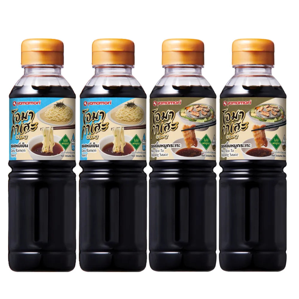 Two 200ml bottles of OMAKASE Omakase Zaru Ramen Sauce and Moo Kra Ta Dipping sauce in clear bottles with labels.