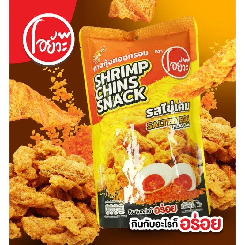 O-yua crispy fried shrimp snack with salted egg flavor, 22g, showing golden fried shrimp pieces in the package.