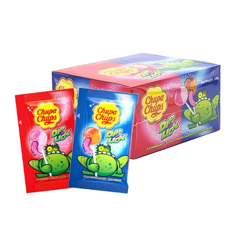 Chupa Chups Dip & Lick Strawberry Cola Flavour Lollipops 12-pack, colorful candy with strawberry and cola flavor, in clear packaging.