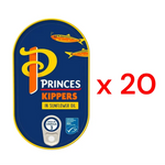 Cans of Princes kipper fillet in sunflower oil, 190g, stacked in a box, ideal for dry grocery storage and cooking.