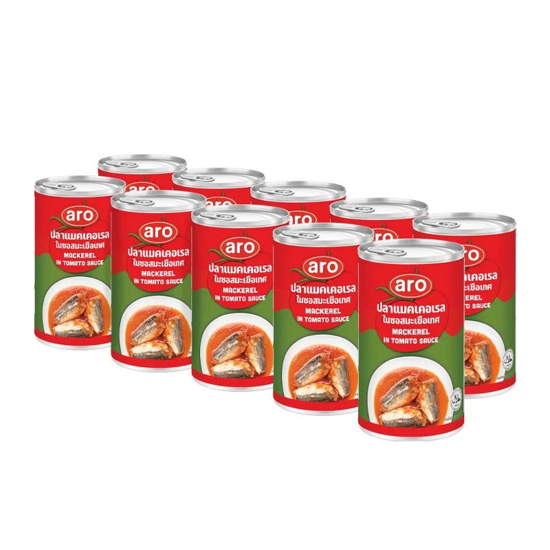 Canned ARO Mackerel in Tomato Sauce, 155g per can, shown in a pack of 10, ready for cooking or eating.