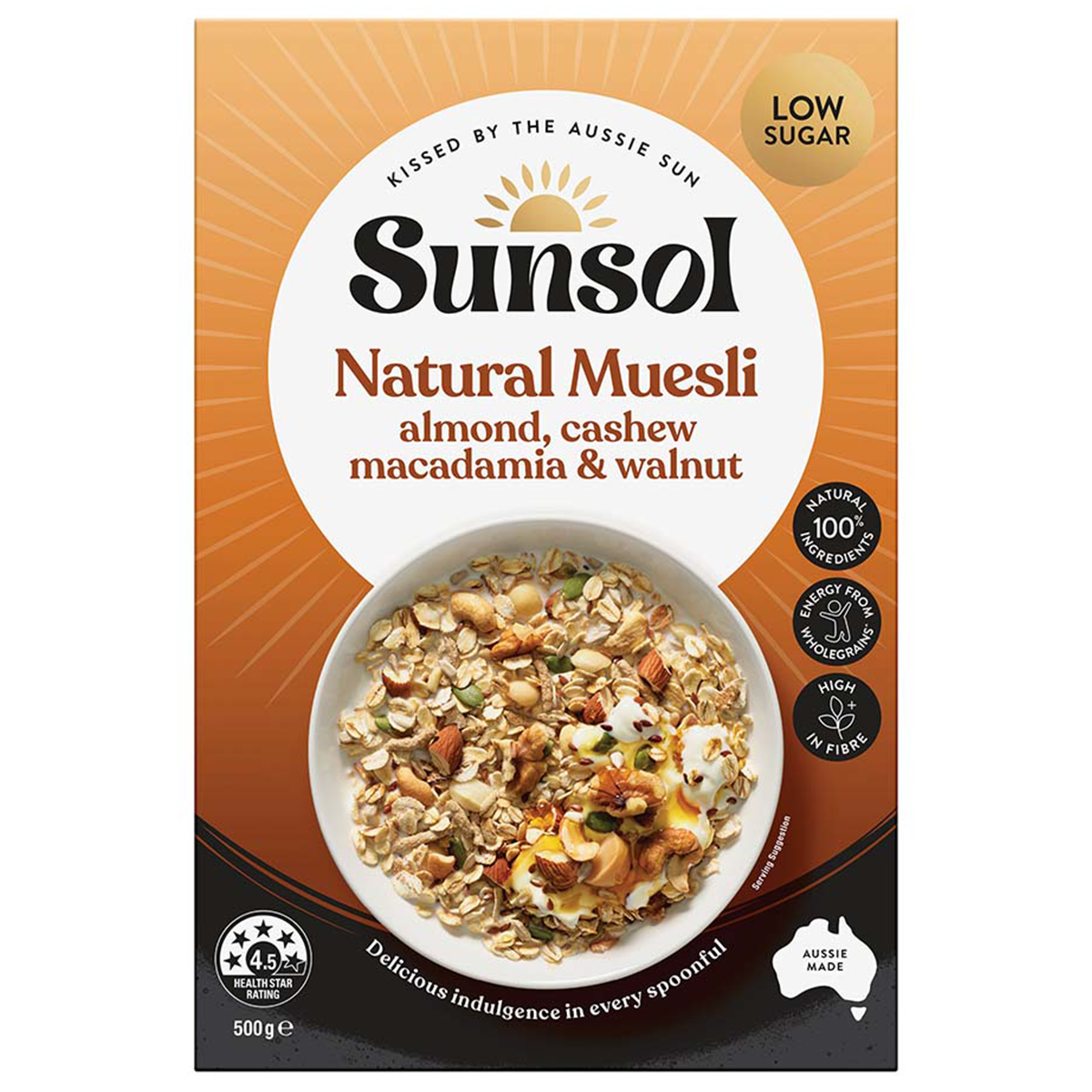 Sunsol Nut Lovers Blend Natural Muesli in a bowl with nuts, oats, and dried fruits, showcasing the wholesome breakfast product.