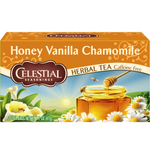Cup of Celestial Seasonings Honey Vanilla & Chamomile caffeine-free herbal tea with honey, vanilla, and chamomile ingredients.