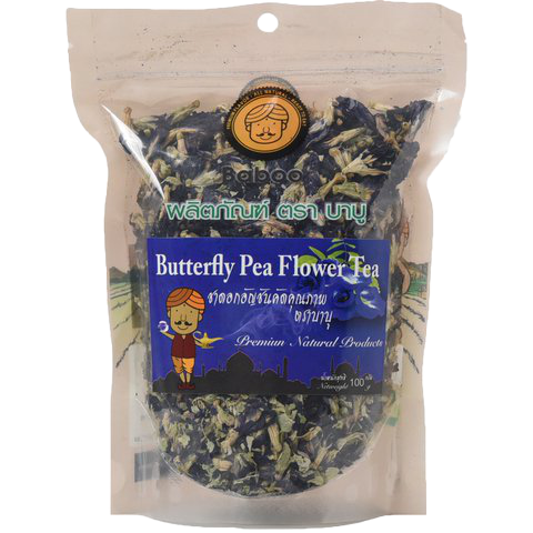 Glass of Baboo Butterfly Pea Flower Tea showing vibrant purple color and fresh flower petals floating on top.
