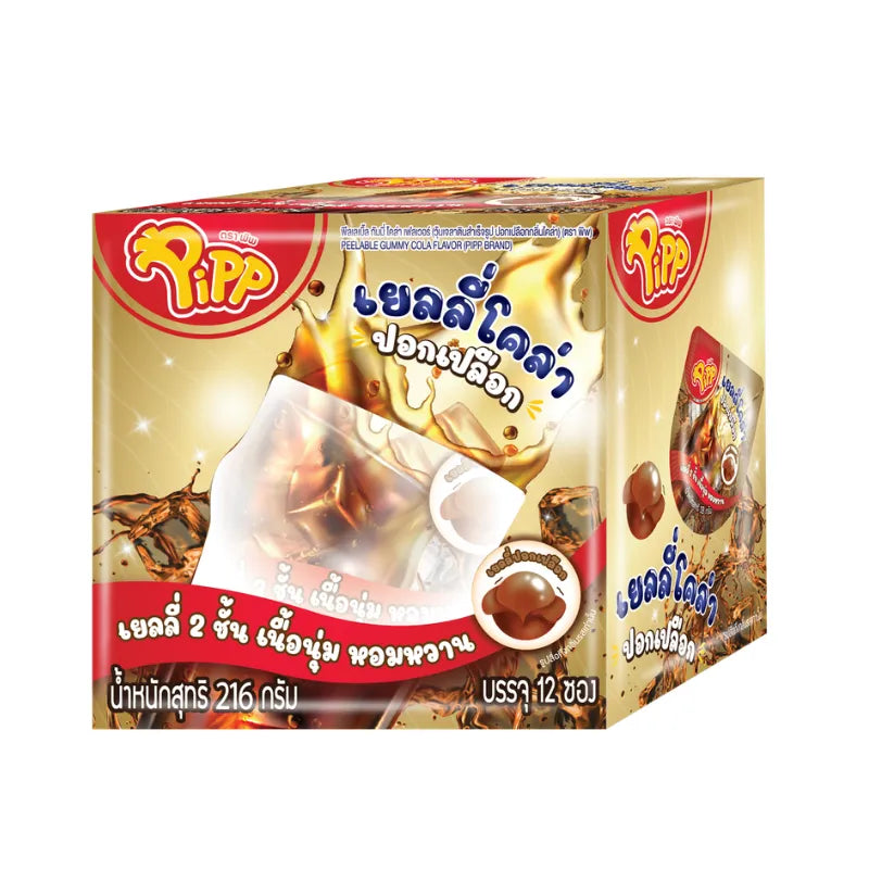 Pipp Peelable Gummy Cola Flavor snacks in 18g x12 packs, chewy confectionery with peelable gummy texture and cola flavor.