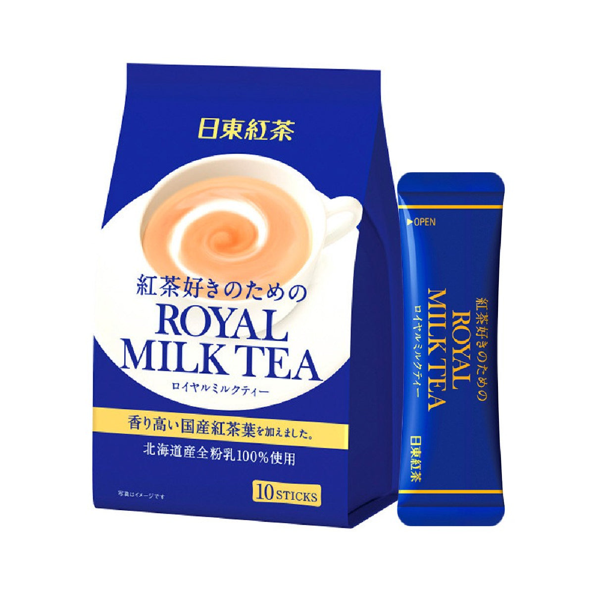 Nittoh Royal Milk Tea drink in a clear glass, showcasing its creamy, smooth milk tea with a rich, inviting appearance.