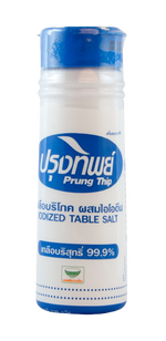 Prung Thip salt bottle with clear plastic container and screw cap, used for storing and dispensing salt in the kitchen.