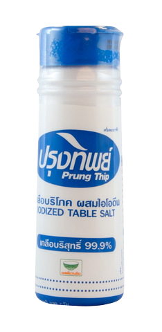 Prung Thip salt bottle with clear plastic container and screw cap, used for storing and dispensing salt in the kitchen.