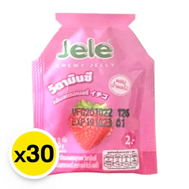 Jele Chewy Strawberry Jelly snack in 18g package, featuring vibrant red jelly with a chewy texture and strawberry flavor.