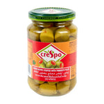 Crespo green olives stuffed with pimentos in a 354g jar, ideal for dry grocery and snack recipes.