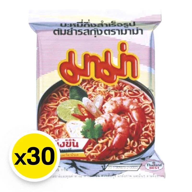 Mama Instant Noodles Shrimp Tom Yum 55g pack, dry grocery, featuring steaming noodles with shrimp and spicy Tom Yum flavor.