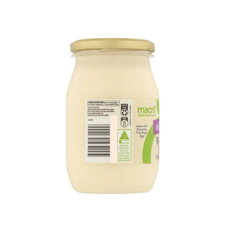 Woolworths Macro Organic Whole Egg Mayonnaise jar, creamy mayonnaise made with free-range eggs, ideal for sandwiches and salads.