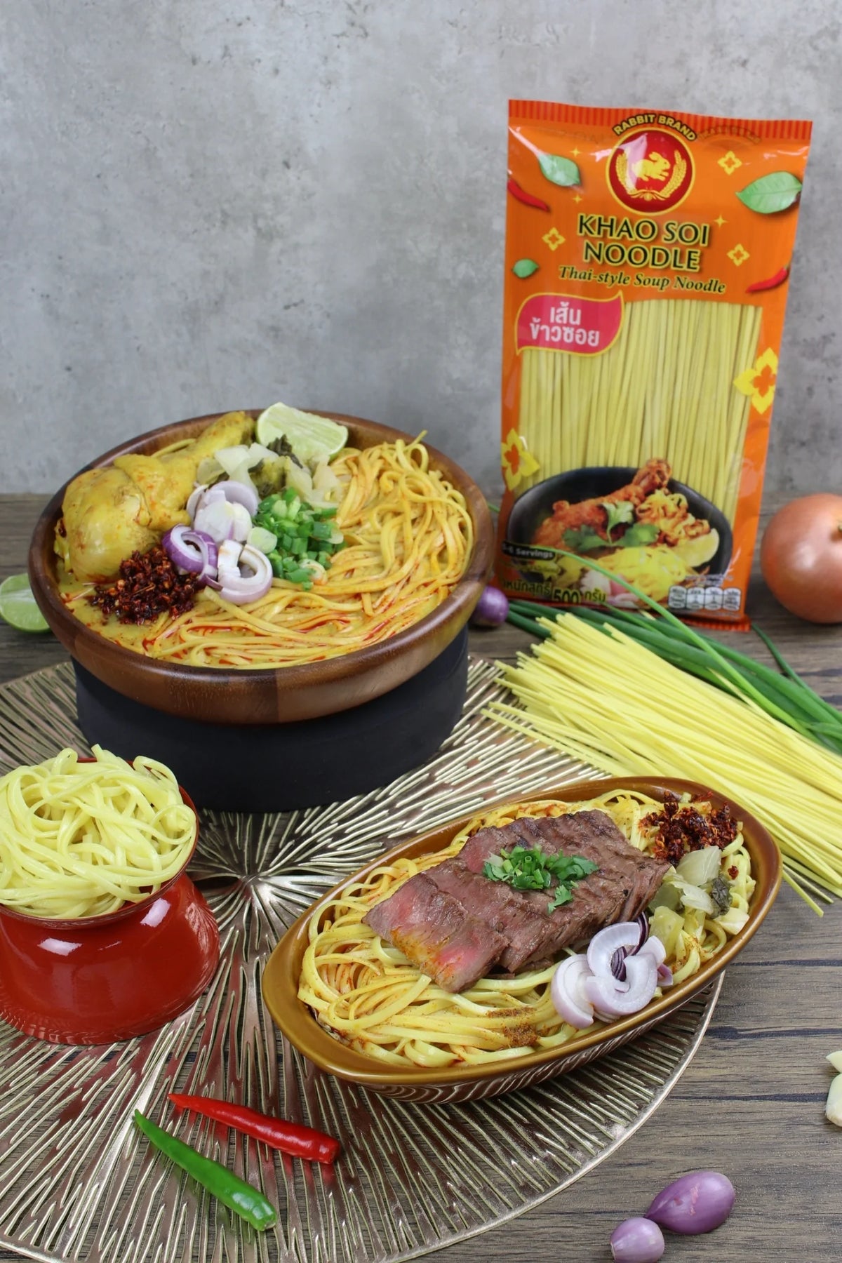 Dry package of Rabbit Brand Khao Soi noodles, Thai-style rice noodle product from the Rabbit Brand for Asian cuisine cooking