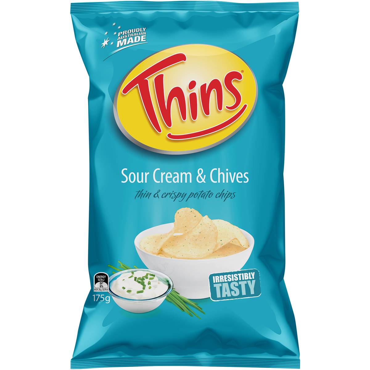 Thins Sour Cream & Chives confectionery snacks in a colorful package with the snack pieces visible inside.