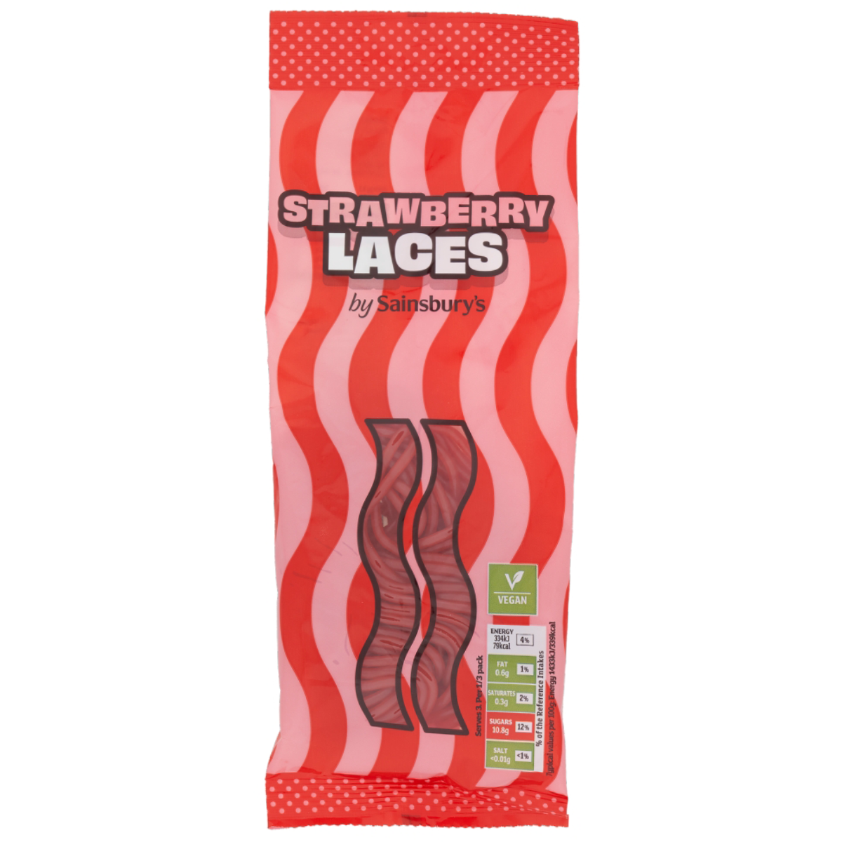 Sainsbury's strawberry laces sweets, colorful chewy confectionery snack with twisted strawberry flavor strands.