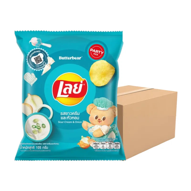 Lays Classic Sour Cream & Onion snack chips in 105g packs, showing crispy chips with sour cream and onion flavor.