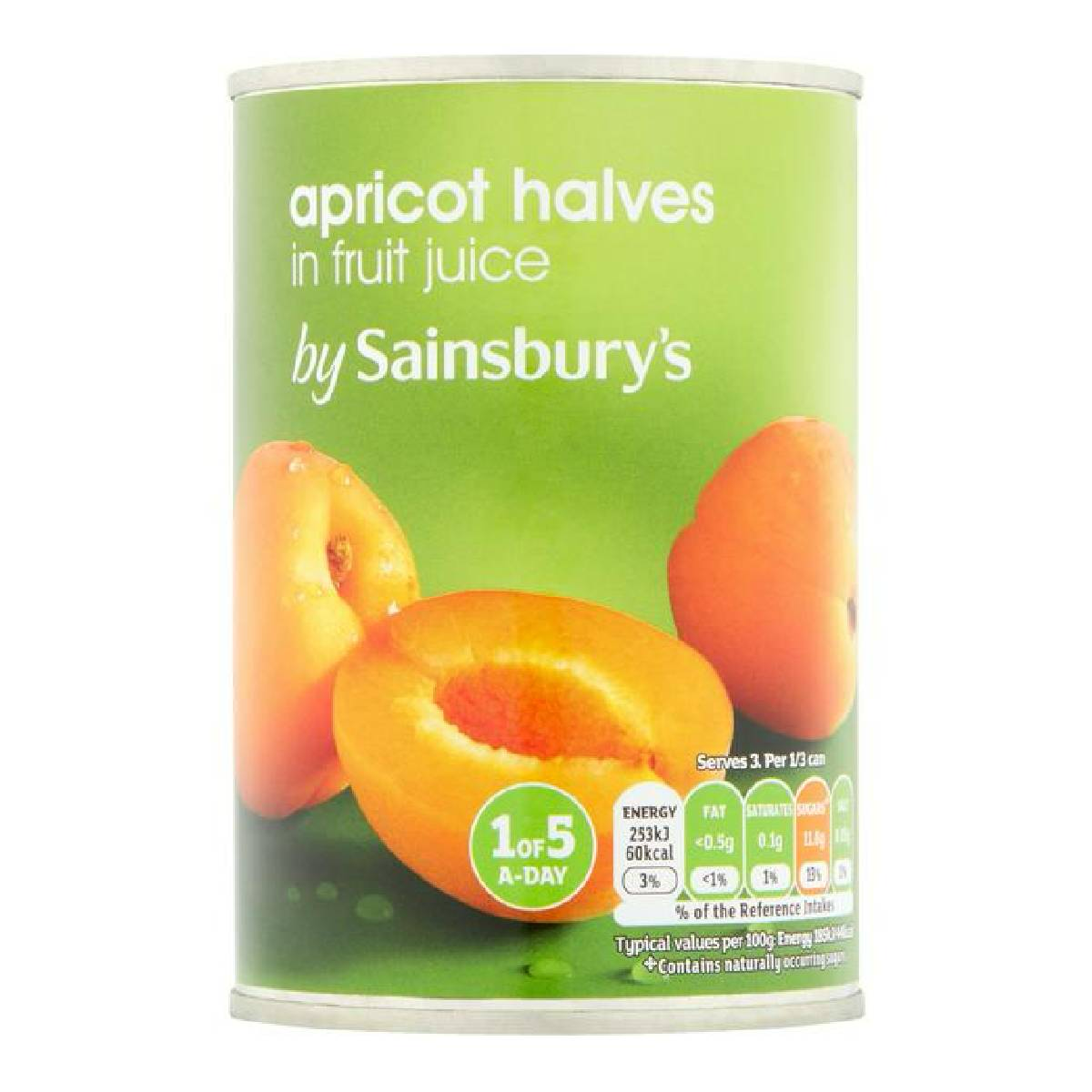 Sainsbury's apricot halves in fruit juice in a can, ready for use in desserts or recipes, with bright orange apricots visible.