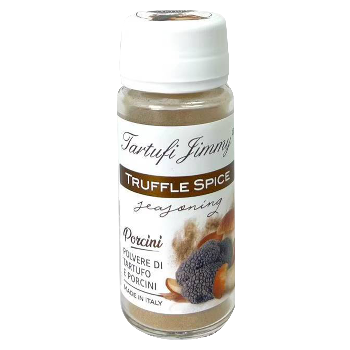 Jar of Tartufi Jimmy Truffle Porcini Spice in a glass container with label, showcasing gourmet mushroom and truffle seasoning.
