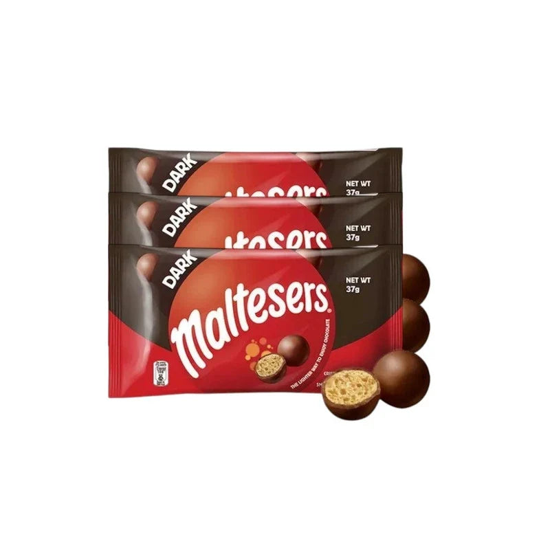 Maltesers Dark Chocolate snack box showing round chocolate-covered malt balls in a clear container