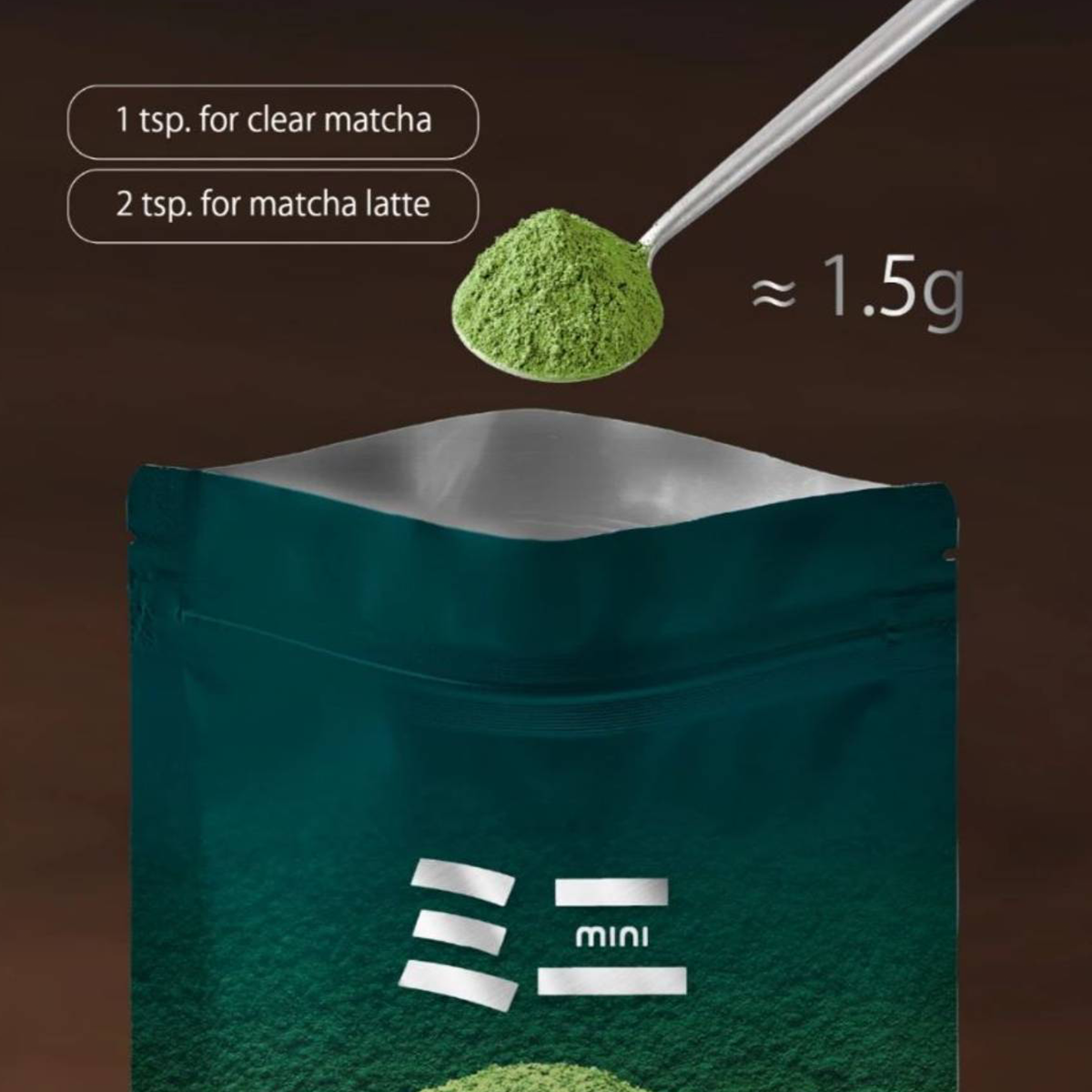 Mini Oriental Speedbar by Peace Mini Pure Matcha 50g drink powder in a green container with label and scoop.