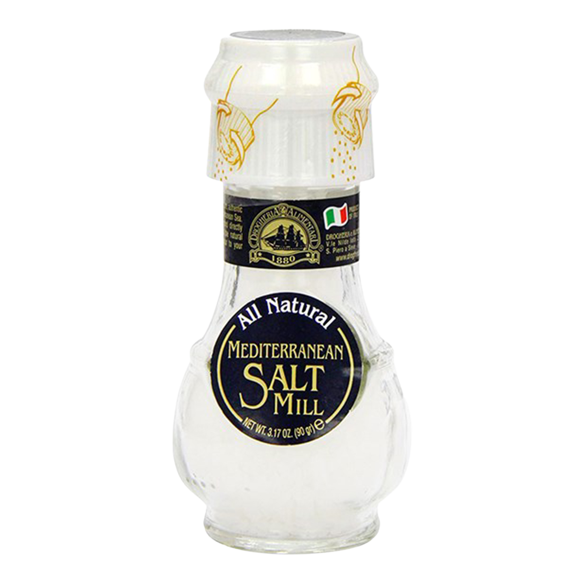 Drogheria Mediterranean Salt Mill with a clear glass body and metal grinding mechanism for fresh sea salt.