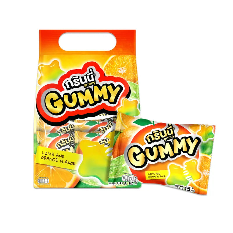 Grinny Pectin Gummy Star snack in lime and orange flavor, 15g, colorful star-shaped gummies in a clear package.