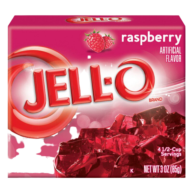 Jell-O Raspberry Gelatin Dessert Mix in a box, bright pink flavor, ideal for making raspberry-flavored gelatin treats.