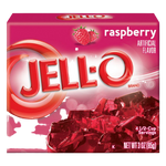 Jell-O Raspberry Gelatin Dessert Mix in a box, bright pink flavor, ideal for making raspberry-flavored gelatin treats.