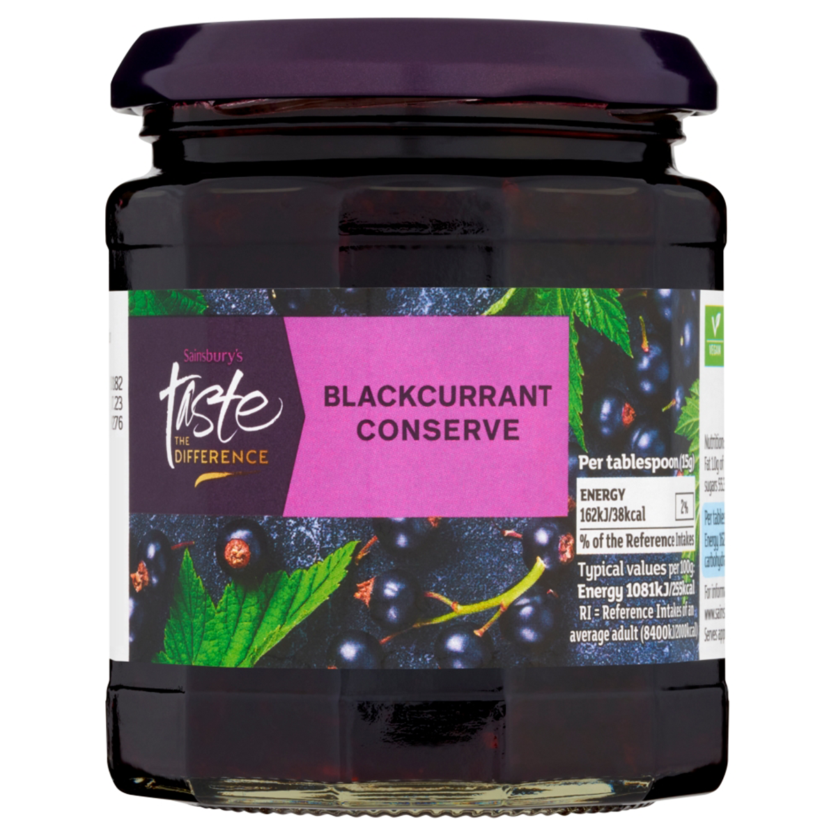 Sainsbury's Taste The Difference blackcurrant conserve jar with blackcurrants and golden preserve visible inside, on a white background.