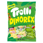 Trolli Gummy Dino Rex 80g snack featuring colorful, chewy gummy dinosaurs from the confectionery brand Trolli.