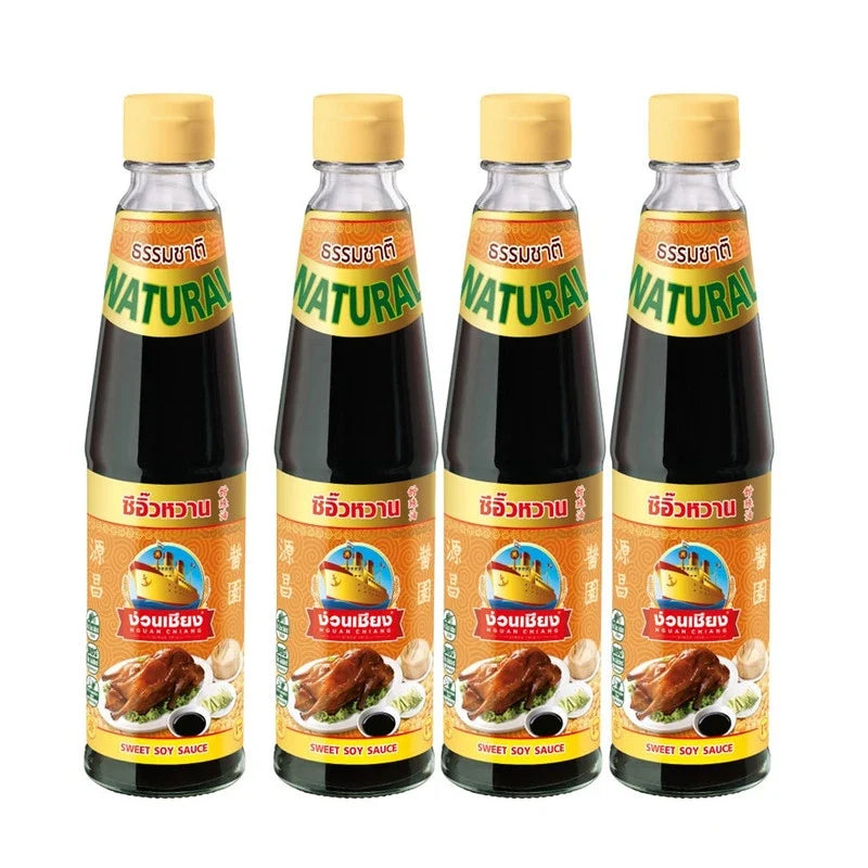 Nguan Chiang Sweet Soy Sauce in 415g bottles, four-pack, classic Asian condiment for cooking and flavoring dishes.