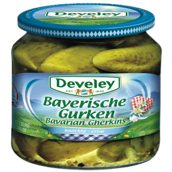 Develey Bavarian Gherkins in a jar, showcasing fresh, crunchy pickles with the Develey brand label on the packaging.
