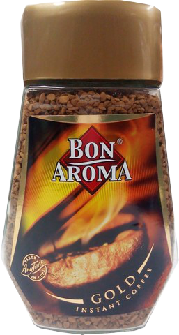 Bon Aroma Gold Coffee drink in a glass cup, showcasing rich dark coffee with a frothy top.