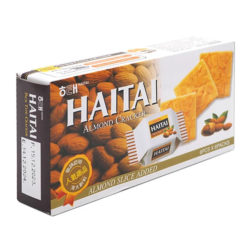 Haitai Cracker Almond flavored snack in 133g package, showing golden almond crackers with almond pieces on the surface.