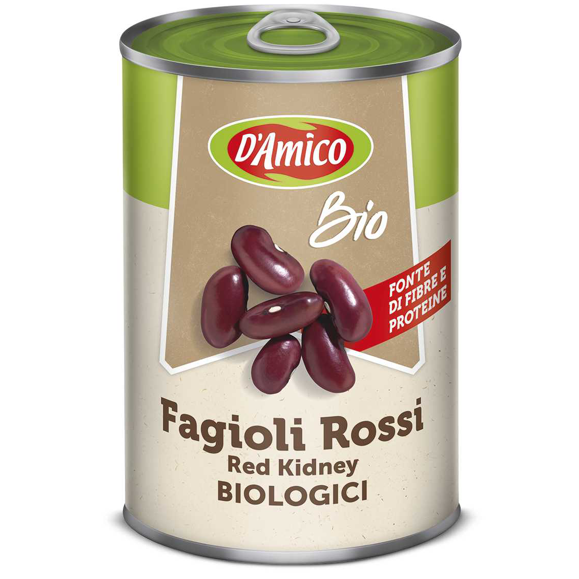 Canned D'Amico Organic Red Kidney Beans in a labeled grocery can with red beans inside, on a neutral background.