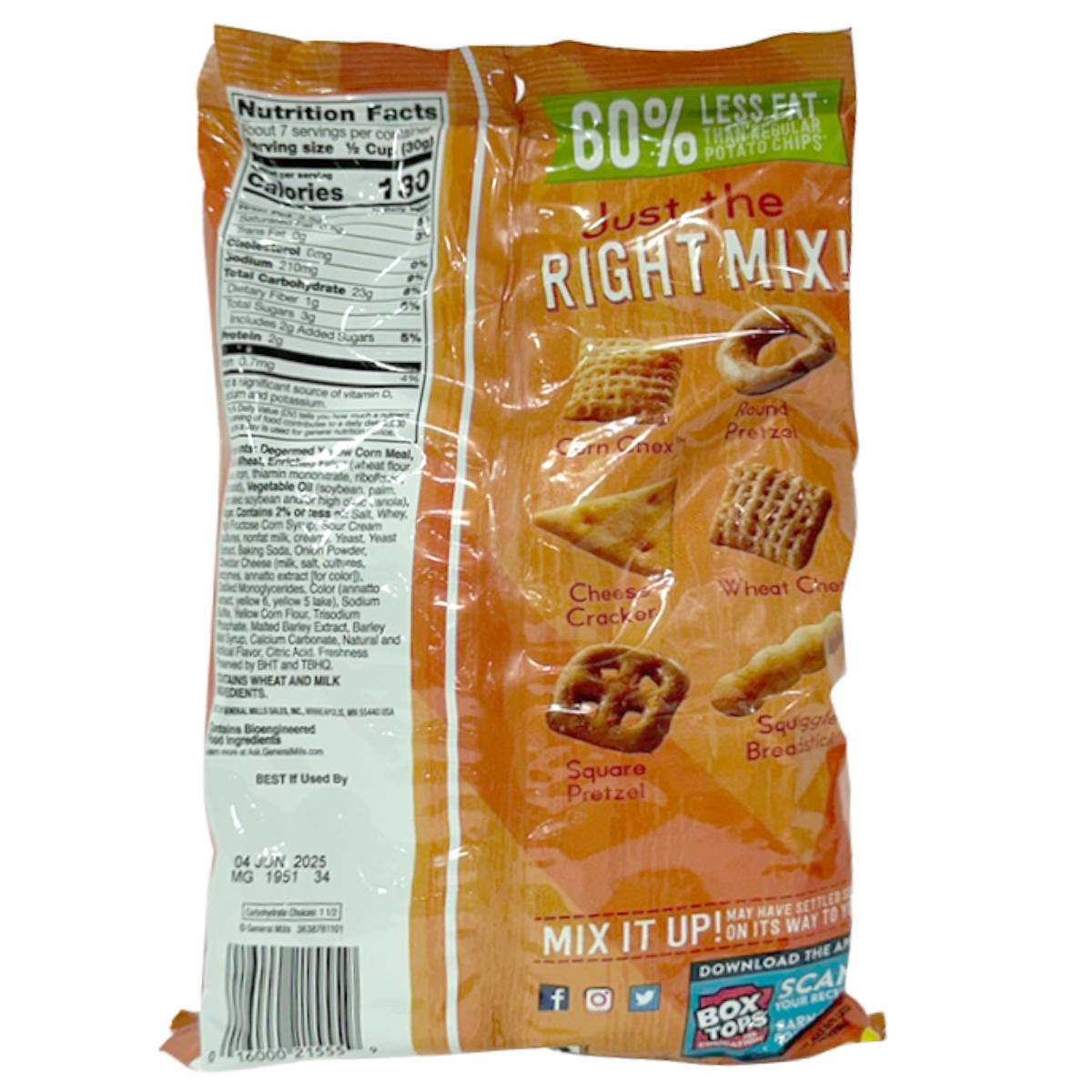 General Mills Chex Mix Cheddar snack bag with crunchy cereal pieces and cheese flavor, perfect for snacking.