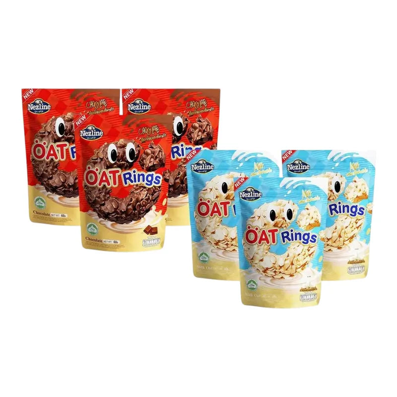 Nezline Oat Rings Snacks with 3 chocolates, milk flavor, 60g, showing a close-up of the chocolate-coated oat rings in packaging.