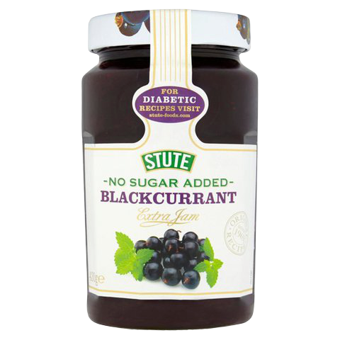 Jar of Stute Blackcurrant Jam showing the label and blackcurrant fruit, highlighting a healthy, natural grocery product.