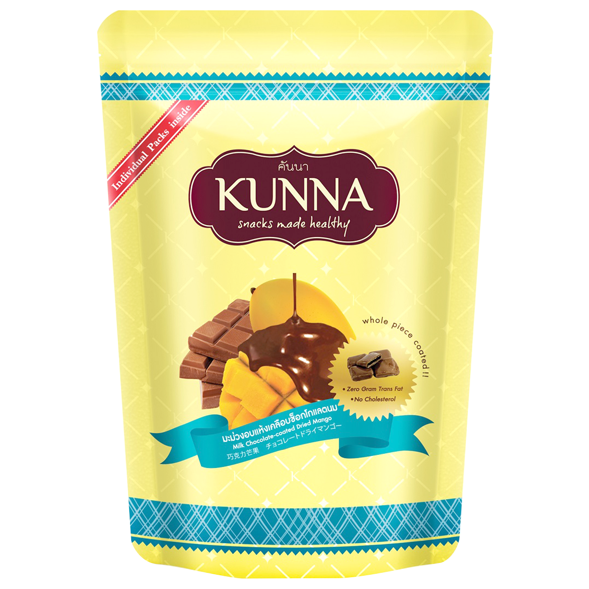 Kunna milk chocolate coated dried mango, a confectionery snack with dried mango pieces covered in smooth milk chocolate.