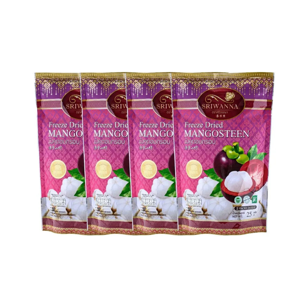 Sriwanna Freeze Dried Mangoteen 25g, dry grocery snack, showcasing the bright dried mango pieces in a clear package.