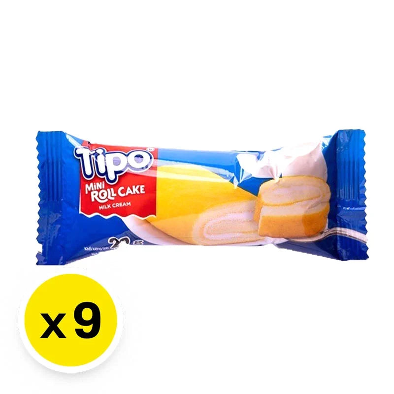 Tipo Mini Roll Cake Milk 20g, a snack confectionery with a soft, creamy milk-flavored mini cake in a convenient package.