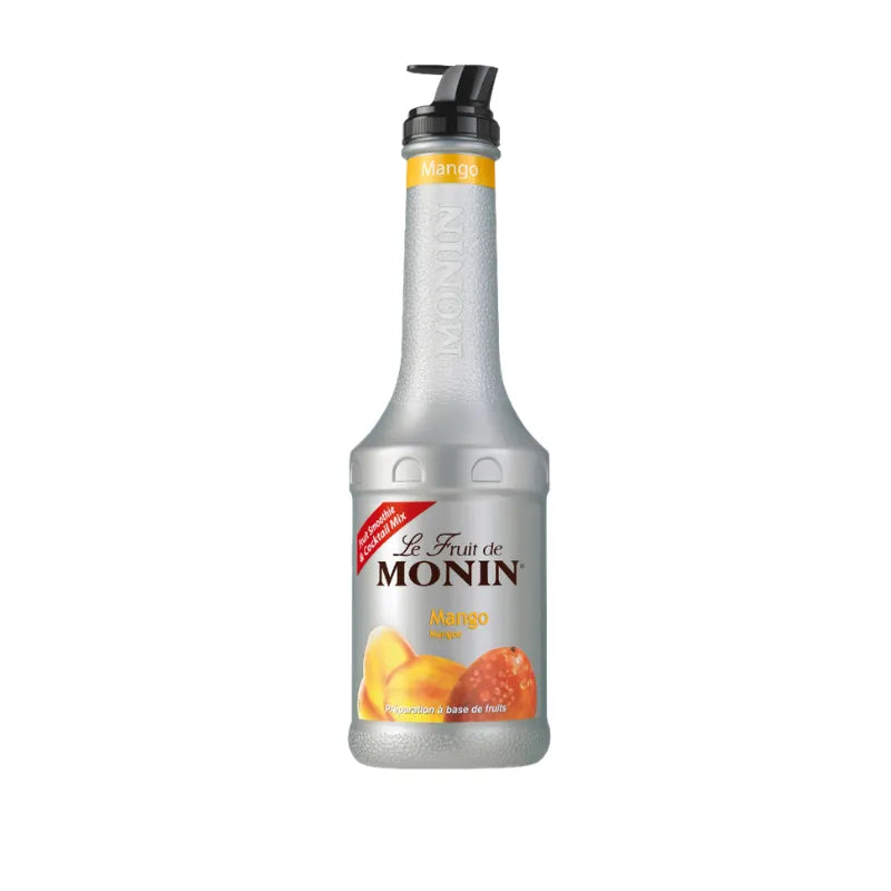 Bottle of Monin Mango Fruitmix syrup in 1000ml size, featuring a colorful label for tropical flavor in dry grocery category