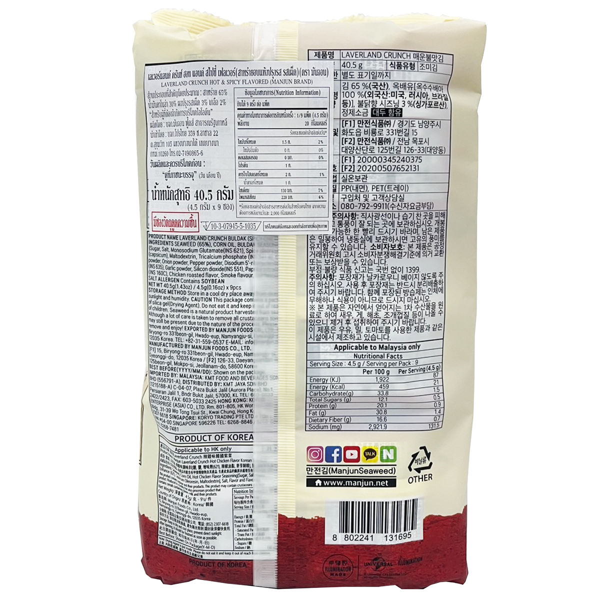 Manjun Laverland Crunch Hot & Spicy confectionery snack in a colorful package with crunchy texture and spicy flavor.
