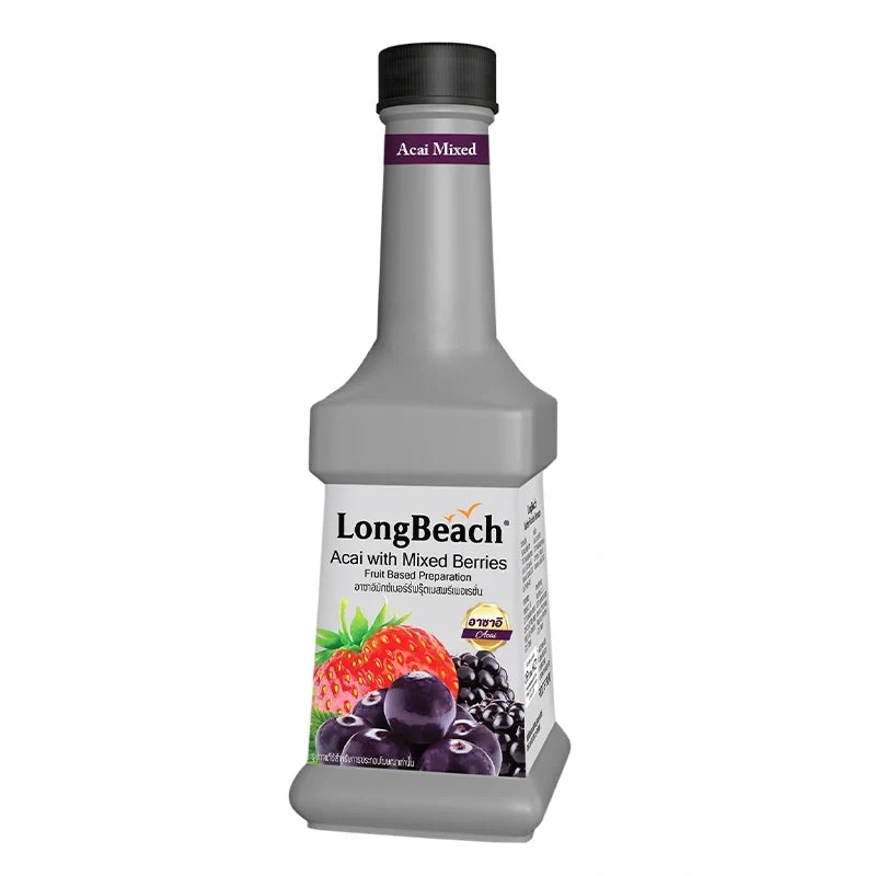 LongBeach Acai with mixed berries in 900ml bottle, vibrant berries and acai blend in a clear container, dry grocery product.