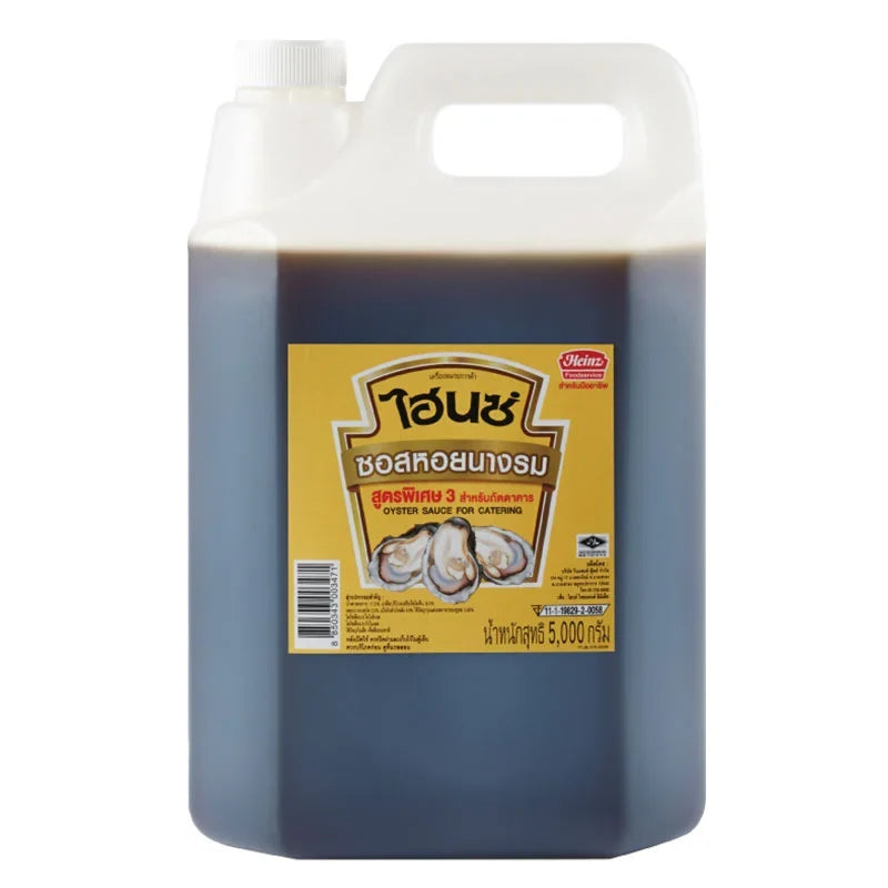 Heinz Oyster Sauce Recipe 3.5kg bottle, dry grocery product, shows the dark soy sauce with label and cap on a plain background.