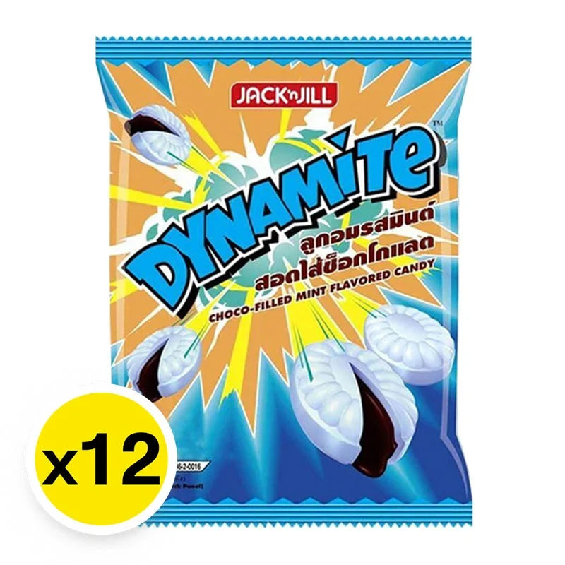 DYNAMITE chocolate-filled mint flavored candies in 30g packs, 12-pack of snack confectionery with colorful wrapping.