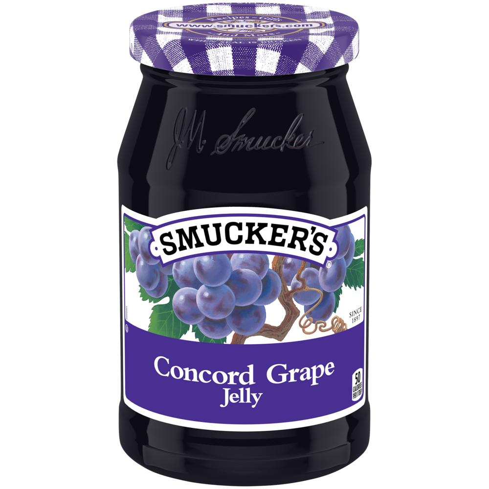 Jar of Smucker's grape jam with a label showing fresh grapes and the brand logo, ready for spreading on bread.