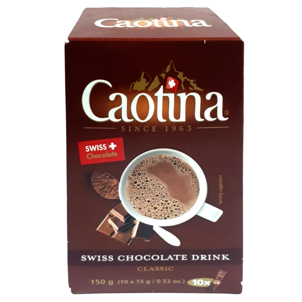 Caotina Swiss chocolate drink powder in a jar with a scoop, ready to make rich, creamy hot chocolate.