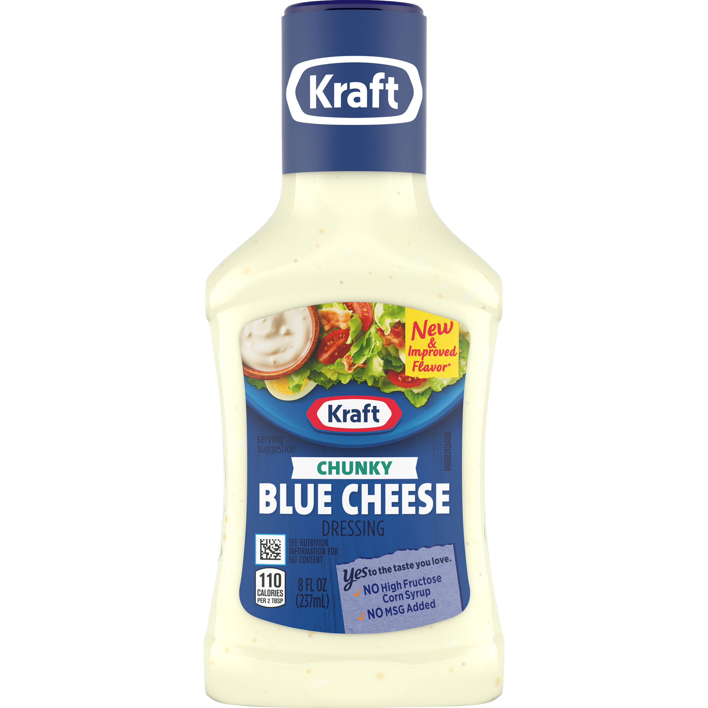 Kraft Chunky Blue Cheese Dressing bottle with label, creamy blue cheese dressing for salads and dips.