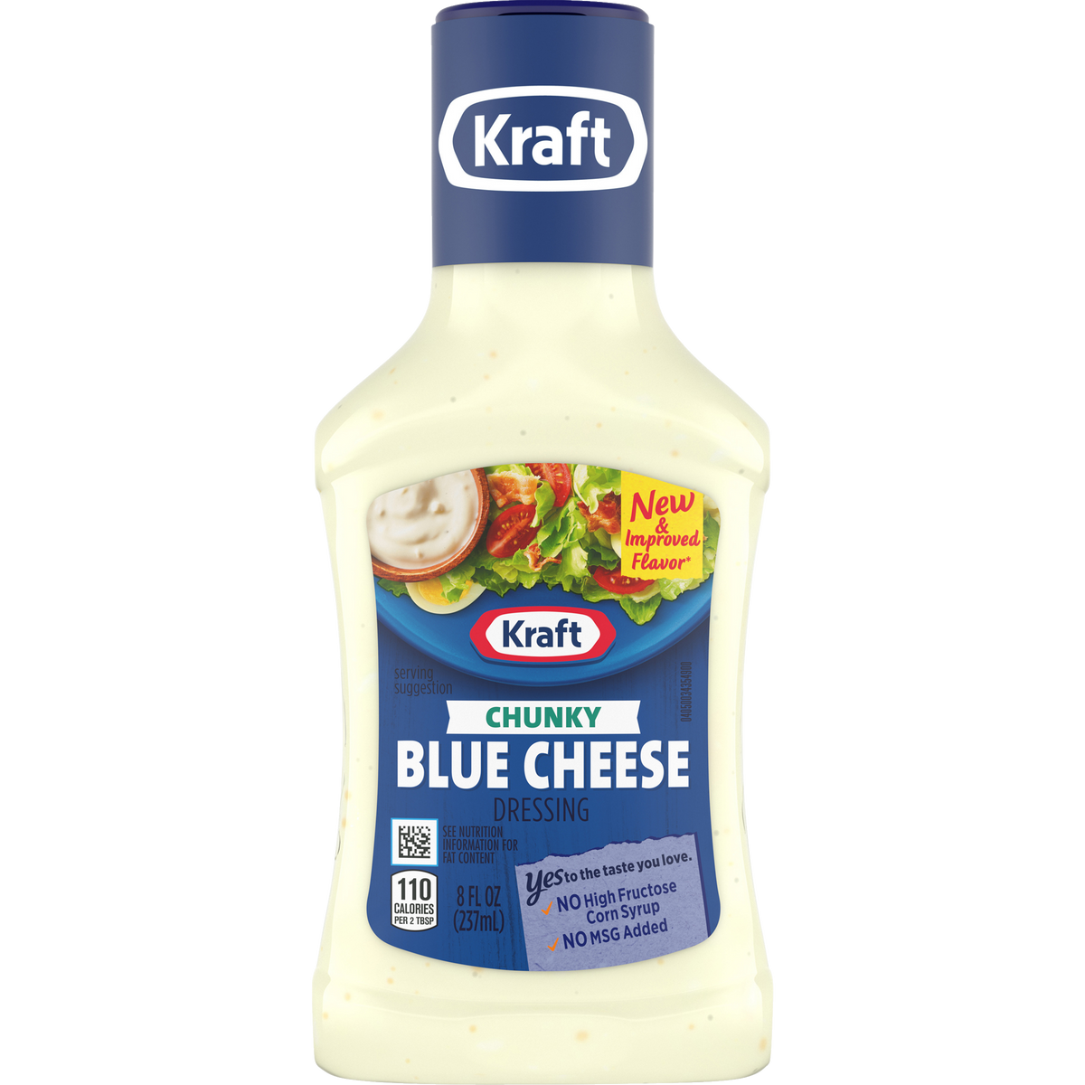 Kraft Chunky Blue Cheese Dressing bottle with label, creamy blue cheese dressing for salads and dips.